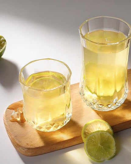 Ruckae Drinking Glasses Set of 8,11 oz and 7 oz Kitchen Water Glass Cups Set,Clear Curvature Glassware Dishwasher Safe,Mixed Drinkware for Beer,Juice,Cocktail,Whiskey,Milk and Various Mixed Drinks