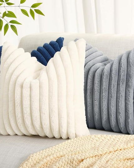 decorUhome Faux Fur Spring Throw Pillow Covers 16x16 Set of 2, Decorative Soft Plush Striped Neutral Couch Euro Pillow Covers with Velvet Back for Sofa, Bed, Living Room Home Decor, Grey