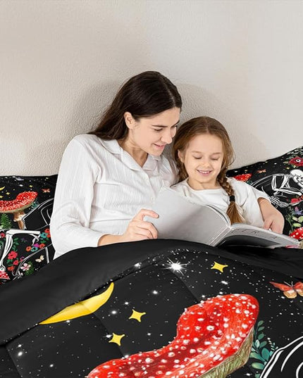 Mushroom Kids Comforter Set King Size,Sun Moon Starry Sky Romantic Bedding Set,Boys Girls Adults Room Decor,Butterfly Skeleton Flowers Boho Down Comforter,Red Trippy Duvet Insert,2 Pillowcases