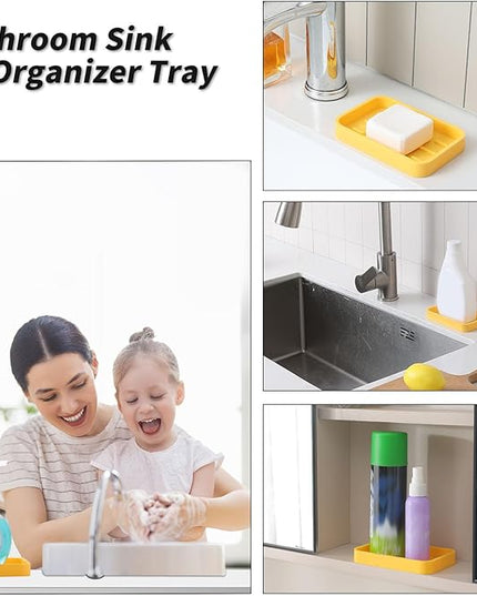 Silicone Kitchen Sink Organizer Tray for Multiple Usage,Easy Clean Sponges Holder for Kitchen Bathroom Counter or Sink,Dish Soap Dispenser,Scrubber,Bottle,Cup Yellow 4.9”x 3.2”