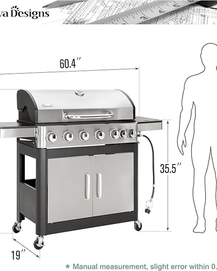 Captiva Designs 6-Burner Propane Gas BBQ Grill with Side Burner & Porcelain-Enameled Cast Iron Grate for Outdoor Kitchen & Backyard Barbecue, 65,800 BTU Output,665 SQ.IN. Cooking Area,Stainless Steel