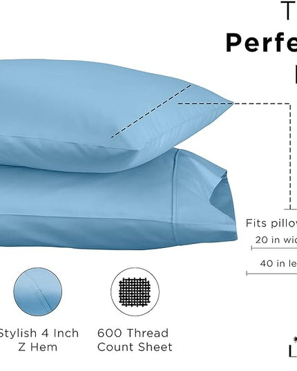 Linen Home 600 Thread Count King Pillowcase Set | 100% Long-Staple Cotton Pillow Cases | Soft & Smooth Luxury Satin Set of 2 Pillowcases | 4 Inch Z Hem | Baby Blue