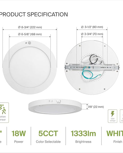 ASD LED 9" Round Flush Mount Ceiling Light Fixture, Low Profile Surface Lighting | 5CCT, Motion Sensored, Ultra-Thin, ETL Listed | 15W 1300LM 2700-6000K 120V | Kitchen, Bedroom, Hallway Lamp | White