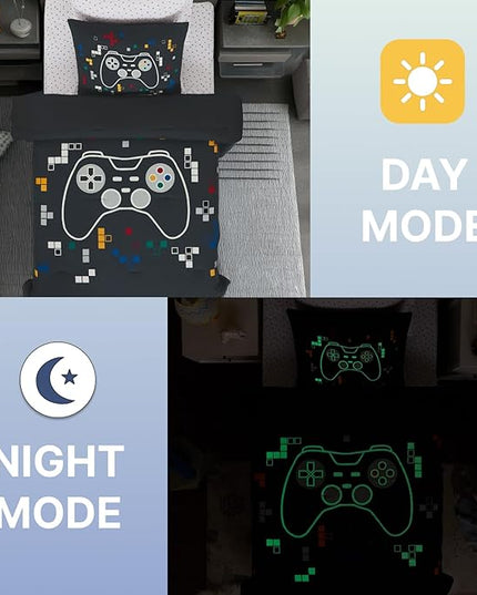 Twin Comforter Set for Boys-5 Pieces Gamer Glow in The Dark Twin Bedding Sets for Kids, Ultra Soft Bed in A Bag with Sheets