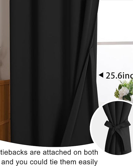 JIUZHEN Black Blackout Curtains for Bedroom - Light Blocking and Noise Reducing Grommet Curtains for Living Room Darkening Curtains, Set of 2 Window Curtain Panels, 42 x 96 Inch Length