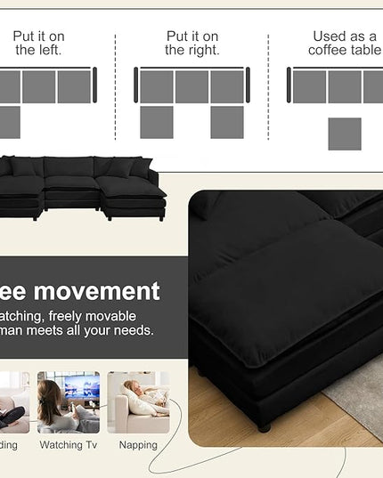 Modular Sectional Sofa,108.27'' Modern Sleeper Sofa Couch with 3 Seat & 2 Ottoman & 3 Pillows Sofa Set, Cloud Couches with Movable Ottoman Deep Seat Couch for Living Room, Chenille (Black, U Shaped)
