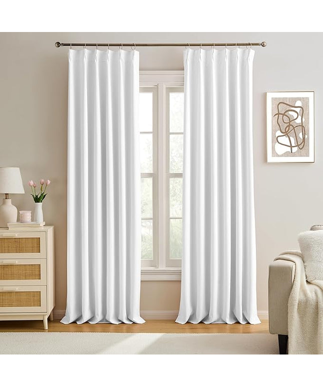 KEQIAOSUOCAI Elegant Pleated Privacy Window Curtain Panels 96 Inches Long, Memory Shape Pinch Pleat Ceiling to Floor Fancy Draperies for Home Office Living Room 40 Inch Wide Each Panel,Set of 2,White