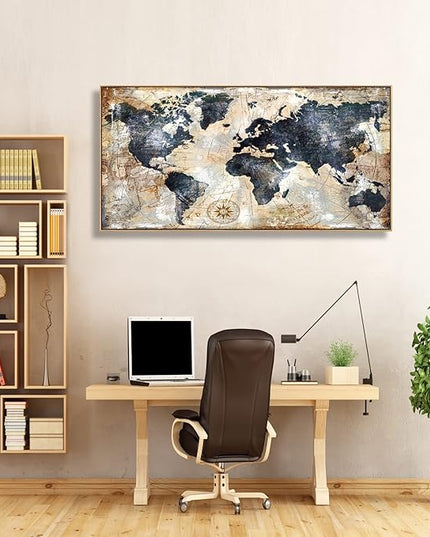 Tucai Decor Framed Wall Art World Map Wall Art Print Picture Decor Home Interior - Map Picture for Office Decor Travel Memory Nautical Map Canvas Artwork 20 x 40 inch Ready to Hang (Framed)