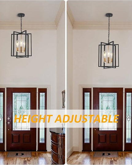Black Gold Chandelier for Dining Room, Modern Farmhouse 3 Light Entryway Pendant Light Fixture Adjustable Geometric Industrial Rustic Foyer Light for Living Room Kitchen Island Hallway Bedroom