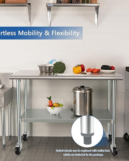 HARDURA Stainless Steel Table with Wheels 30 x 48 Inches Casters NSF Heavy Duty Commercial Work & Prep Table with Undershelf and Galvanized Legs for Restaurant Kitchen Bar and Hotel Garage