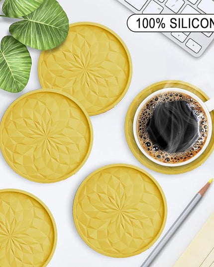 ME.FAN Silicone Coasters with Holder,[6 Pack] Drinking Coasters - Cup Mat for Hot or Cold Drinks, Thickened, Non-Slip, Non-stick,Deep Tray Yellow