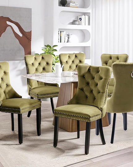 SoarFlash Velvet Dining Chairs Set of 6, Tall Back Side Chair, Modern Upholstered High-end Tufted Side Chair with Button Back Ring, Solid Wood Legs (Olive Green)