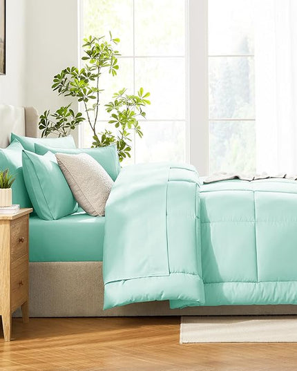 CozyLux King Size Comforter Set Mint Green, 7 Pieces Bed in a Bag, Green Comforter King Size, All Season Bedding Sets with Stitch Quilted Comforter, Flat Sheet, Fitted Sheet, Pillowcases