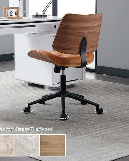 Armless Home Office Chair with Wheels, PU Leather Adjustable Height Computer Desk Chair, 360 Swivel Small No Arms Chair, Modern Button Walnut Style for Office, Reading Meeting Room(Brown)