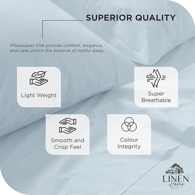 Linen Home 100% Cotton Percale Pillowcases King Size, Blue Duck Egg, 2 Pieces of Pillow Case, Crisp and Cool Strong Bed Linen, 20 inches X 40 inches