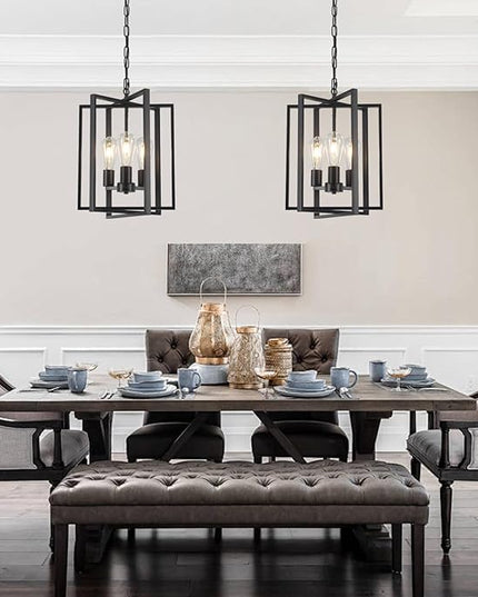 Black Farmhouse Modern Chandelier Light Fixture for Dining Room, 3 Light Rustic Kitchen Island Metal Pendant Hanging, Adjustable Geometric Foyer Light Fixtures for Entryway Hallway Living Room