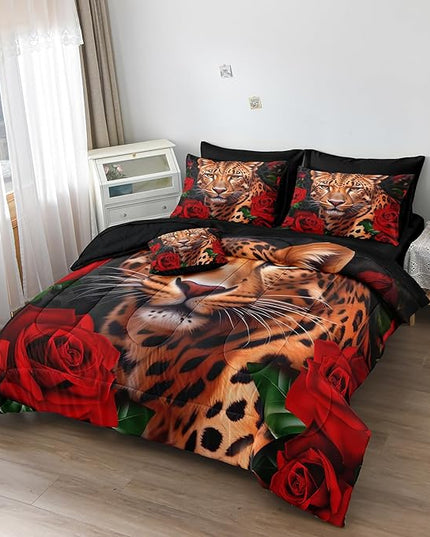 Bedbay Leopard Bedding Comforter Set Queen Size Rose Floral Bedding Set Rose Flowers and Wild Cheetah Print 8 Pcs Queen Bed in a Bag Set Teen Adults Animal Comforter Set with Sheets (Leopard,Queen)