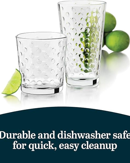 Libbey Awa Tumbler and Rock Glasses Drinking Set, Elegant Polka Dot Drinking Glasses Set of 16, All Purpose Glass Cups Set for Events and Everyday Use