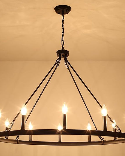 12-Light Black Wagon Wheel Chandelier for Dining Room Farmhouse Pendant Light Fixtures Outdoor for Rustic High Ceilings Round Chandeliers for Living Room Entryway Foyer Kitchen Island,38",E12