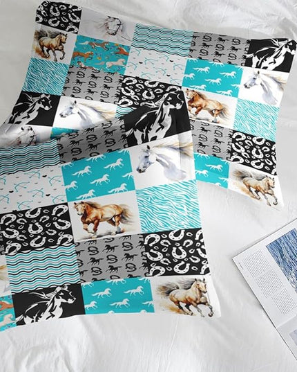 Comforter Set Twin Size, Horse Bedding for Kids and Adults, Colorful Patchwork Bed Sheet Sets with Fitted Sheet Pillowcase & Sham for Bedroom Bed Decor