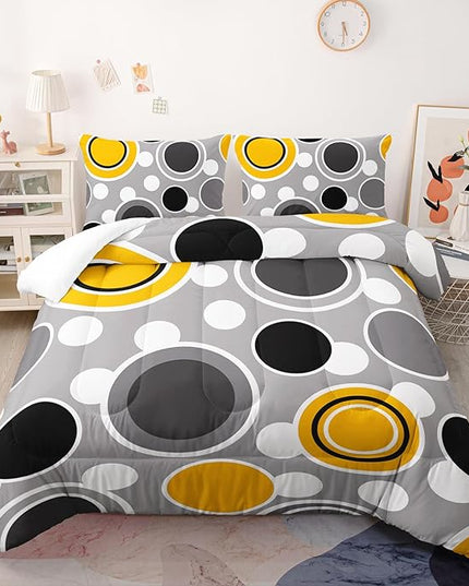 AILONEN Black Yellow Grey Comforter Set Queen Size, Abstract Circles Dots Modern Geometric Themed Bedding Set,3-Piece Soft Microfiber,1 Comforter + 2 Pillowcases (Boys/Girls/Adults)