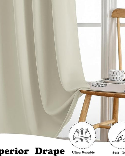 Simplebrand Natural Room Darkening Curtains for Bedroom Living Room 108 Inches Long 2 Panels Set, Thermal Insulated Curtains & Drapes, Solid Grommet Noise Reducing Window Treatment, W50 x L108 Inch