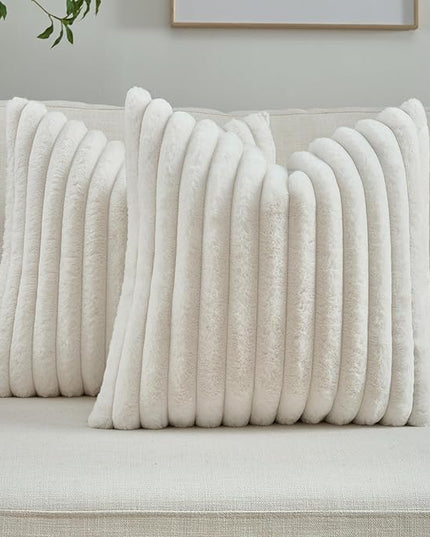 FUTEI Cream Throw Pillow Covers Set of 2, 22x22 Inch Striped Texture Cushion Cases with Soft Faux Rabbit Fur Front & Velvet Back, Modern Decorative Couch Pillows for Living Room