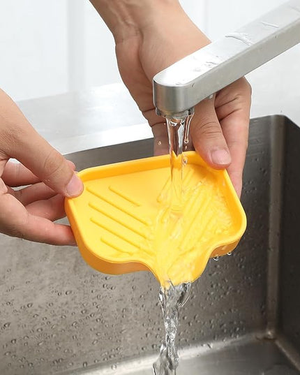 Silicone Bathroom Soap Dishes with Drain Spout-Bathroom and Kitchen Sink Organizer,Sponge Holder,Dish Soap Tray,Perfect for Dispenser,Scrubber,Bottle,Cup on Sink or Counter-Yellow 4.9"×3.2"