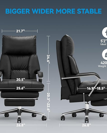 Reclining Office Chair with Footrest - 25.6" Wide Seat & Adjustable Seat Depth, Big and Tall High Back Leather Executive Home Office Desk Chair 400lbs, Black
