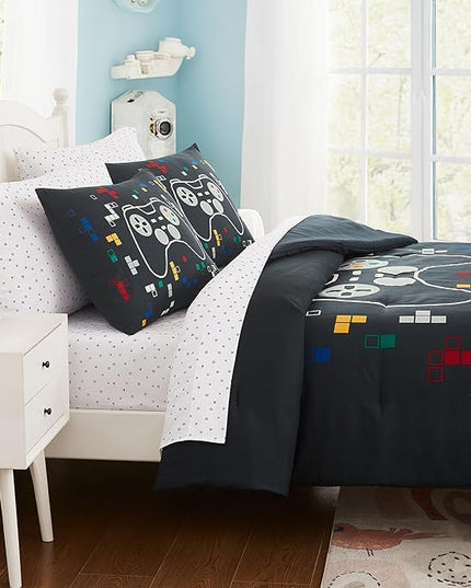 Full Size Comforter Set for Boys-7 Pieces Gamer Glow in The Dark Full Bedding Sets for Kids, Ultra Soft Bed in A Bag with Sheets