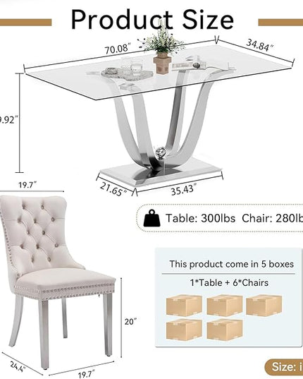 HomVent 70'' Glass Dining Table Set for 6, Modern Rectangle Glass Kitchen Table Set for 6, Kitchen Table and Chairs Set for 6 for Living Room,Kitchen