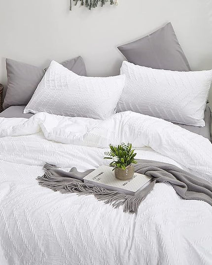 Houseri California King Comforter Set White Boho Tufted Jacquard Bedding Sets Cal King Women Solid White Shabby Chic Comforters Men Modern Soft Comfy Plain White Farmhouse Tassels Bed Quilt King Plus