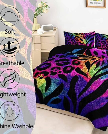 AILONEN Rainbow Leopard Print Comforter Set Twin Size,Tropical Leaves Print Boho Bedding Set for Room,3Pcs,1 Duvet with 2 Pillowcases