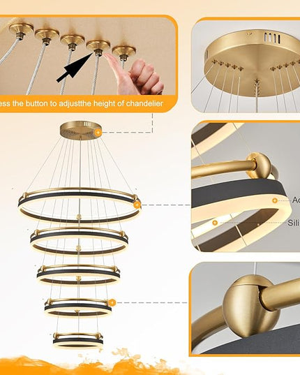 5-Rings Modern LED Chandelier Black Gold Dimmable Large High Ceiling Chandeliers Foyer, Remote Pendant Lighting for Foyer Entryway Dining Room Living Room Staircase(10-Ring Lighting, D29.5)