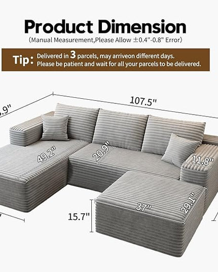 107.5" Cloud Modular Sectional Couch with 1 Ottoman,Modern Minimalist Upholstered Couches, Comfort U Shaped Sofa for Living Room,Deep Seat Corner Couch，No Assembly Required (Grey,Left Facing Chaise)