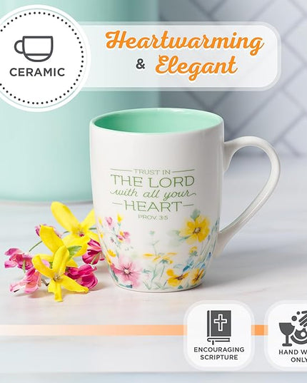 Christian Art Gifts Inspirational Ceramic Coffee & Tea Scripture Mug for Women: Trust in the Lord Encouraging Bible Verse, Microwave & Dishwasher Safe Lead-free, Multicolor Floral, Light Green, 12 oz.