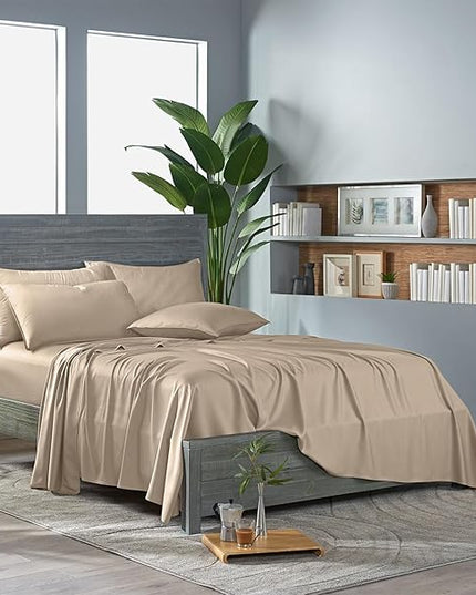 Pure Bamboo King Sheets, Genuine 100% Organic Viscose Derived from Bamboo Bed Sheet Set, Luxuriously Soft & Cooling, Double Stitching, 2 Year Quality Promise (King, Almond)