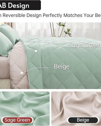 MUXHOMO 5 Pieces Twin XL Comforter Set, Reversible Bed in a Bag Twin XL Size, All Season Bedding Set with Comforter, Flat Sheet, Fitted Sheet, Pillowcases & Shams, Sage Green & Beige