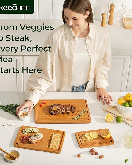Bamboo Cutting Board, Durable Wood Cutting Boards for Kitchen with Deep Juice Grooves & Built-in Handles, Ideal Charcuterie & Chopping for Meat, Vegetables and Fruits Ideal Kitchen Gifts