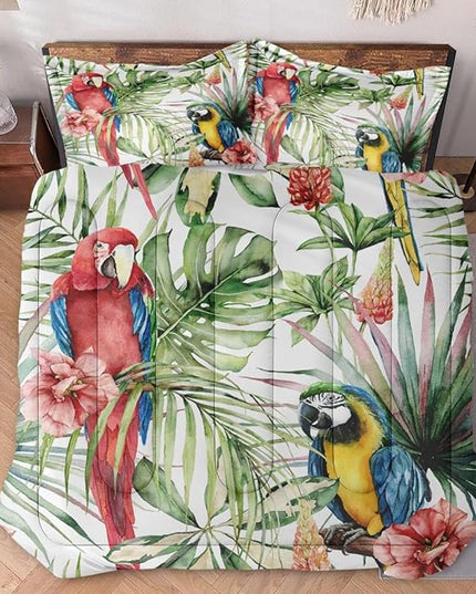 King Size Comforter Set with 2 Pillowcases, Tropical Flower Palm Leaf 3 Pcs Bedding for Kids and Adults, Hibiscus Birds Soft Comforter Set for Bedroom Bed Decor