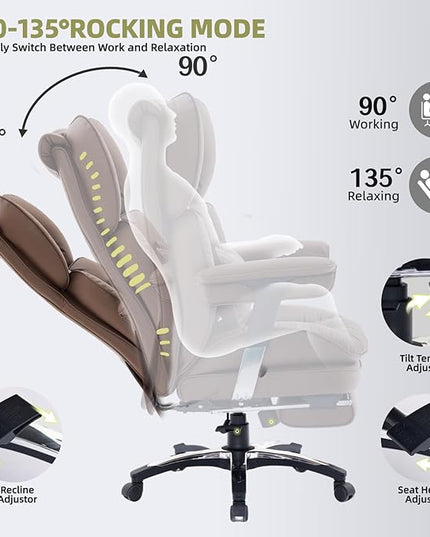 Efomao Big and Tall Office Chair with Footrest – High Back Computer Chair with Adjustable Armrests，Executive Office Chair with Wide Seat, Modern Desk Chair for Home Office, Gaming, or Study, Brown