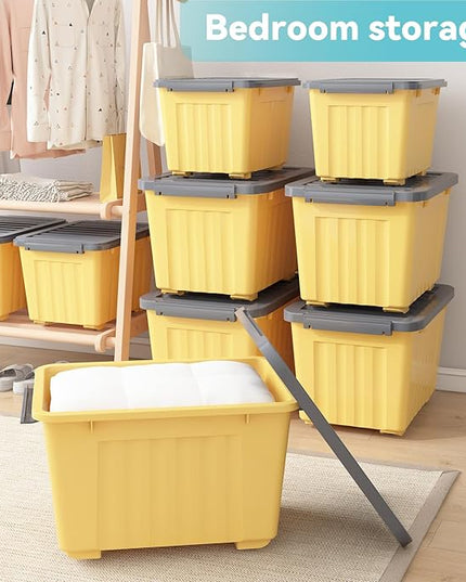 Nazhura Plastic Storage Bin, Stackable and Nestable Storage Boxes with White Lids and Secure Latching Buckles, Large Storage Container (Yellow/Purple, 72Quart-6Pack)