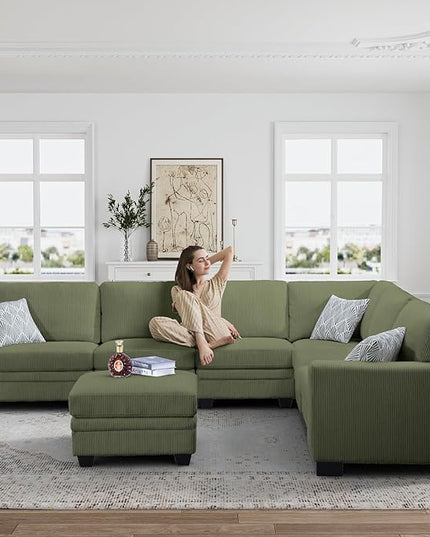 Legend Vansen Oversized Modular Sectional Sofa,7 Seat U Shaped Couch with Ottoman,Corduroy Sofa with Deep Seat,Convertible Large Sectional Couches for Living Room (Olive, L-7)