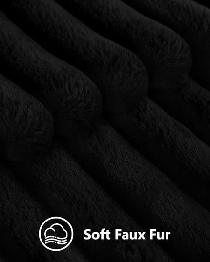 decorUhome Faux Fur Spring Throw Pillow Covers 20x20 Set of 2, Decorative Soft Plush Striped Neutral Couch Euro Pillow Covers with Velvet Back for Sofa, Bed, Living Room Home Decor, Black