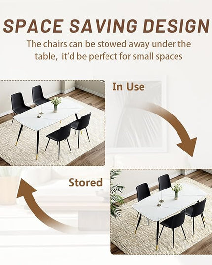 White Dining Table Set for 4, Sintered Stone Dining Room Sets for 4, Easy to Assemble