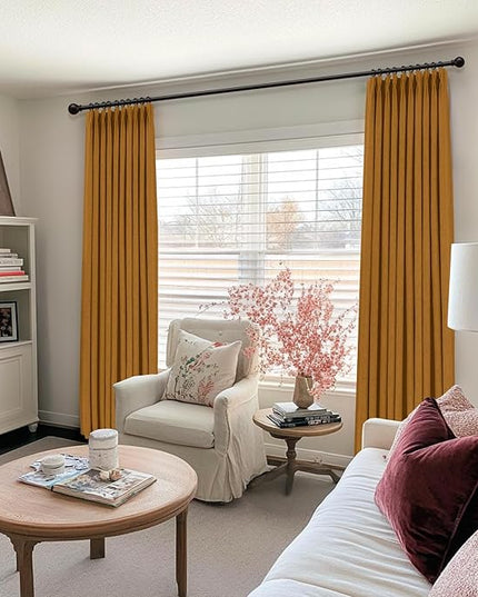100% Blackout Shield Linen Look Textured Pinch Pleated Curtains Blackout Drapes 84 Inch Long 2 Panels Set, Faux Linen Blackout Curtains for Bedroom & Living Room, 40" W x 84" L, Mustard Yellow