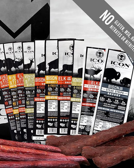 ICON Meats Meat Stick and Steak Strip Sampler Gift Box, 10 High Protein Snacks, Assorted Bison, Elk, Venison, Beef & Pork Jerky Sticks & Strips, Gluten Free, Low Sugar, Gifts & Stocking Stuffers