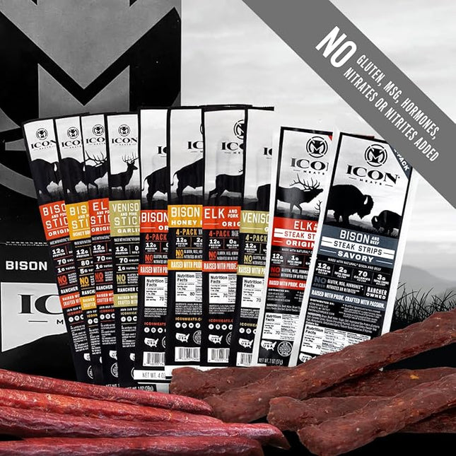 ICON Meats Meat Stick and Steak Strip Sampler Gift Box, 10 High Protein Snacks, Assorted Bison, Elk, Venison, Beef & Pork Jerky Sticks & Strips, Gluten Free, Low Sugar, Gifts & Stocking Stuffers