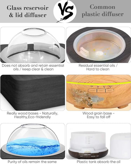 Glass Dome Essential Oil Diffuser with Glass Reservoir & Wood Base-Plastic Free, 200ml Ultrasonic Diffuser for Aromatherapy with Timer 7 Color Light Auto-Off for Home Office Yoga Dark Brown