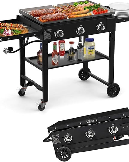 BESTFIRE Foldable Flat Top Grill, Outdoor Griddle-3 Burner Propane Griddle with Two Foldable Shelves,36" Flat Grills Outdoor-45,000 BTU Gas Grill for BBQ& Outdoor Cooking,Black